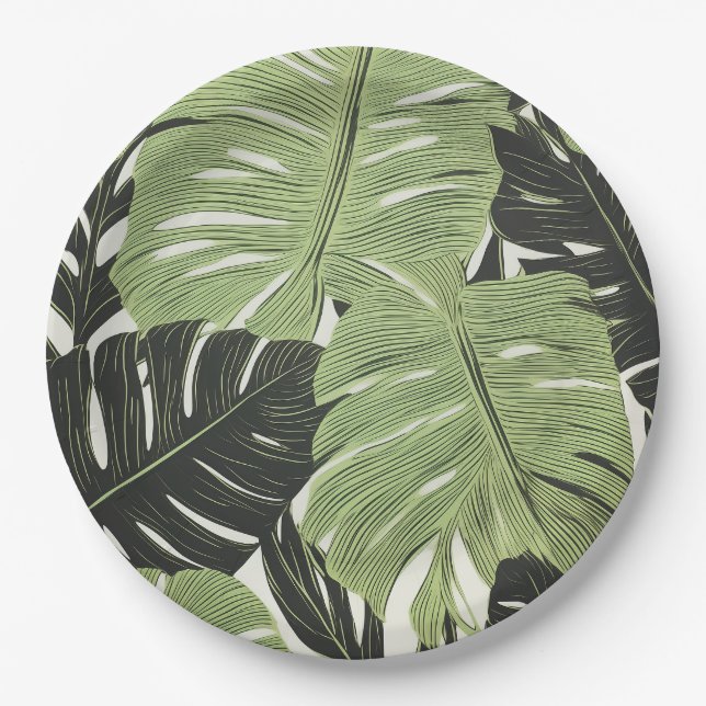 Green jungle leaves, bold and modern paper plate (Front)
