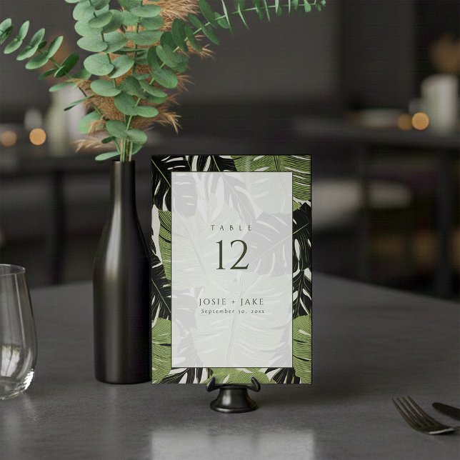 Green jungle leaves, bold and modern table number (Green leaves wedding table number place card.)