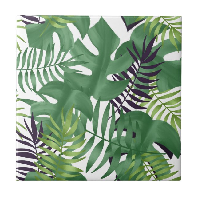 Green Jungle Leaves Nature Seamless Pattern White Ceramic Tile (Front)