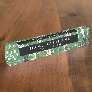 Green Jungle Leaves Tropical Nature Pattern Chic Nameplate