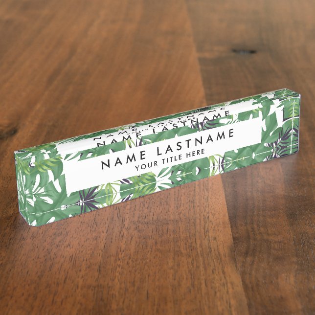 Green Jungle Leaves Tropical Nature Pattern White Nameplate (Side)