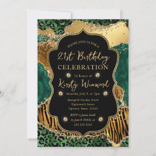 Green Jungle Safari Glitter Agate 21st Birthday Invitation