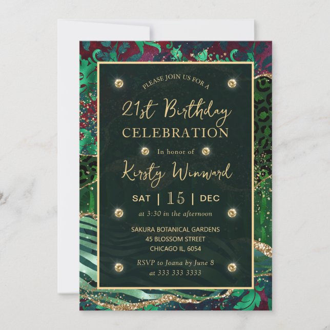 Green Jungle Safari Glitter Agate 21st Birthday Invitation (Front)