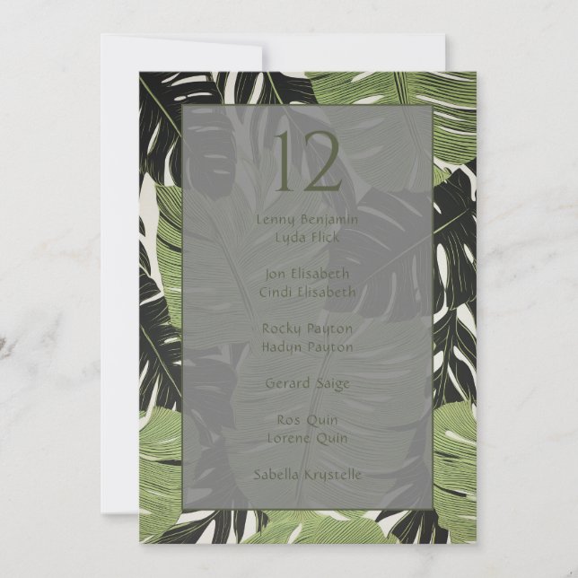 Green jungle tropical leaves,  table seating chart invitation (Front)