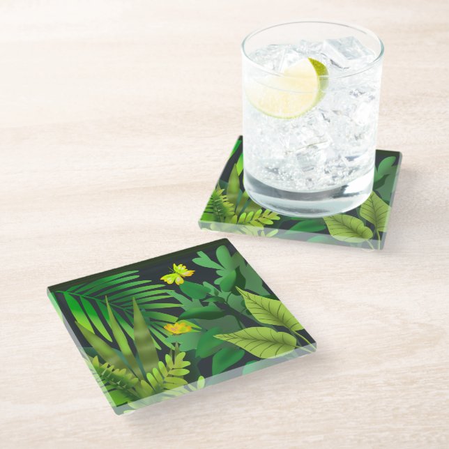 Green jungle with butterflies glass coaster (Angled)