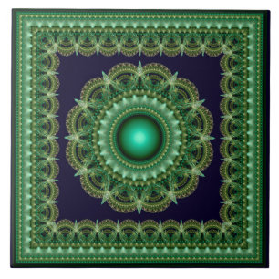 Green kaleidoscopic fractal framed ornament ceramic tile