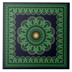 Green kaleidoscopic fractal pattern ceramic tile
