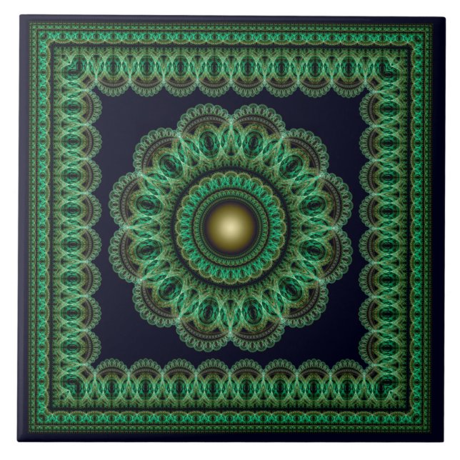 Green kaleidoscopic fractal pattern ceramic tile (Front)