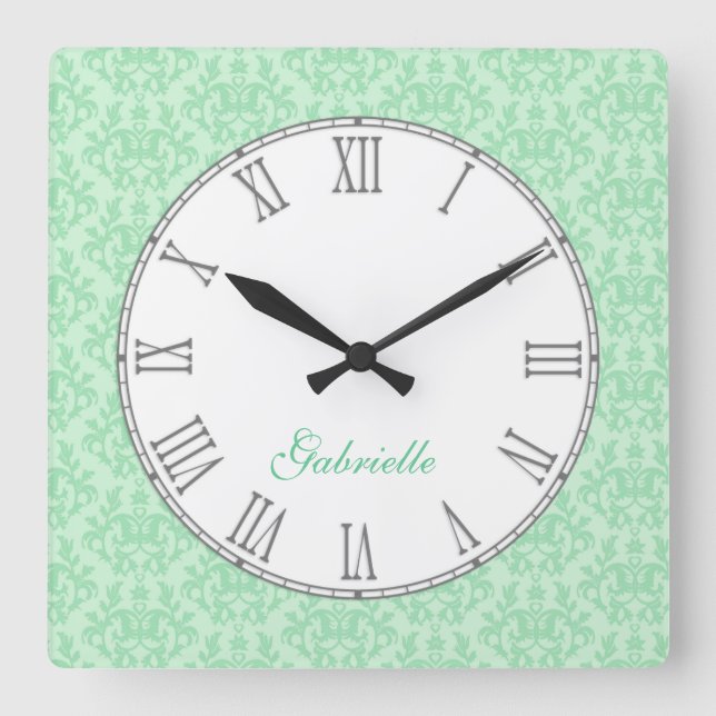 Green kangaroo paw damask name wall clock (Front)