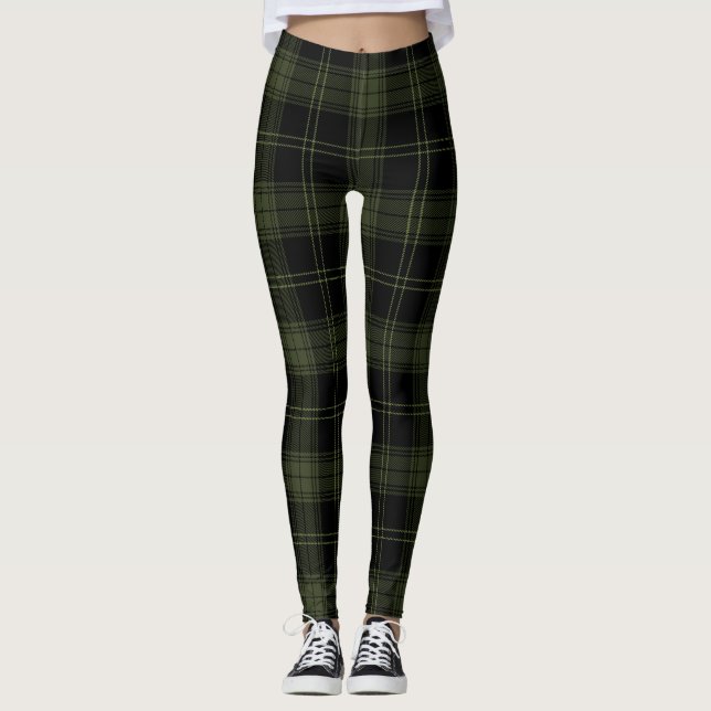 Green Kelp, Black, Hunter Green Colours Tartan Leggings (Front)
