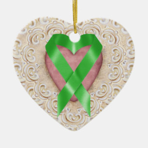 Green Kidney Cancer Ribbon From the Heart - SR Ceramic Ornament