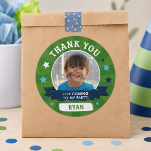 Green Kids Photo Birthday Party Thank You  Classic Round Sticker