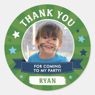 Green Kids Photo Birthday Party Thank You Classic Round Sticker