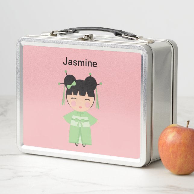 Green Kimono Japanese Doll Personalised Metal Lunch Box (In Situ)