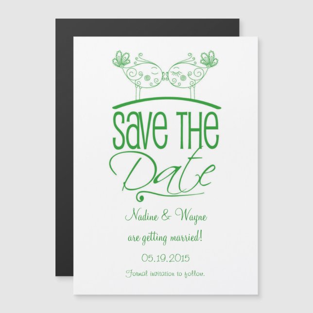 Green Kissing Birds Magnetic Save the Date Magnetic Invitation (Front/Back)