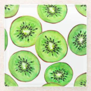 Green Kiwi Fruit Watercolor Set Glass Coaster