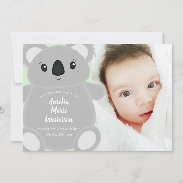 Green Koala Bear Baby Shower Invitation (Front)