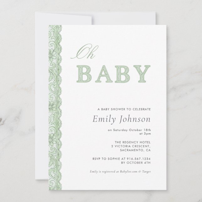 Green Lace Gender Neutral Baby Shower Invitation (Front)