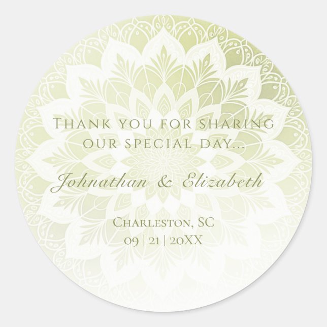 Green Lace Mandala Wedding Favor Classic Round Sticker (Front)