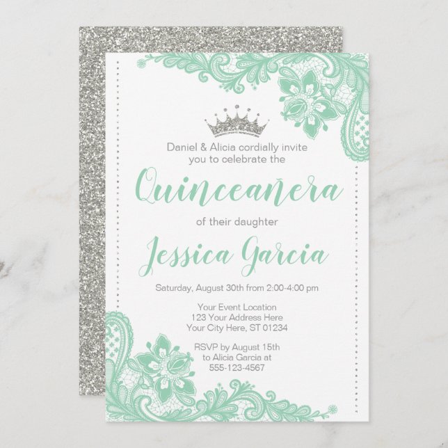 Green Lace & Silver Glitter Princess Quinceañera Invitation (Front/Back)