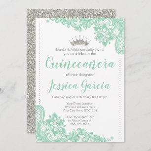 Green Lace & Silver Glitter Princess Quinceañera Invitation