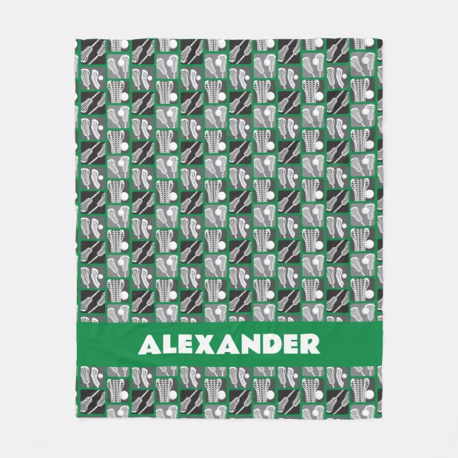 Green Lacrosse Blocks of Sticks and Balls Fleece Blanket (Front)