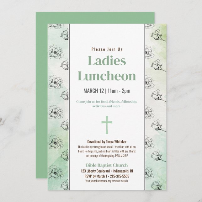 Green Ladies Church Luncheon Sketched Flowers  Invitation (Front/Back)