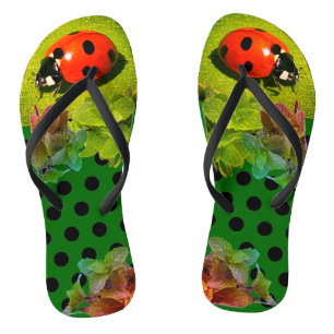 Green Ladybug Fun Adult Flip Flops