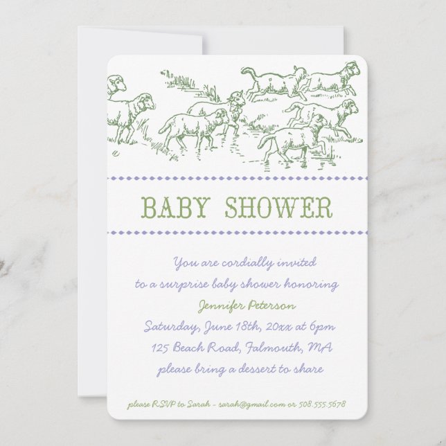 Green Lamb Baby Shower Invitation - unisex (Front)
