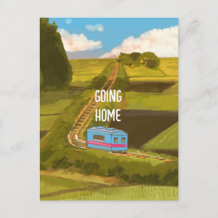 Green landscape train anime Cartoon adenture Postcard
