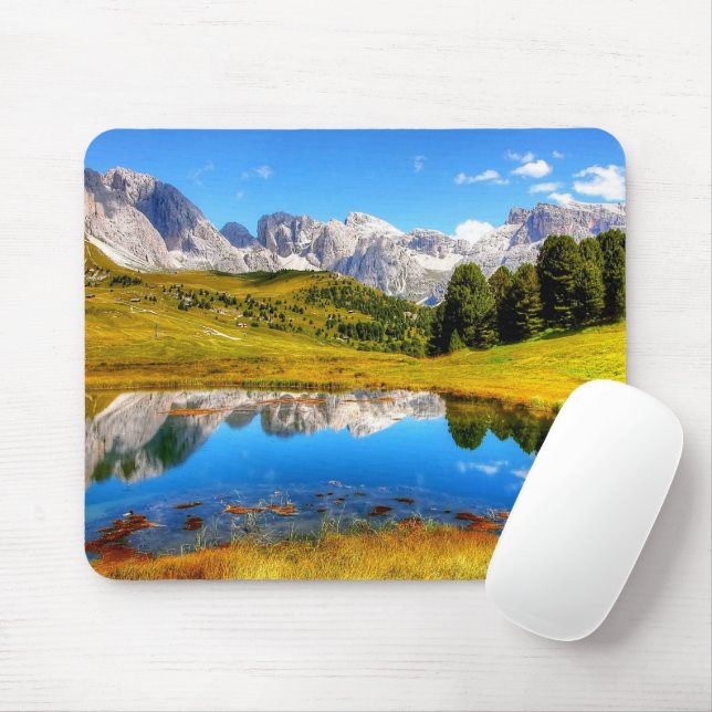 Green Landscape with Pond and Snowy Mountains Mouse Pad (With Mouse)
