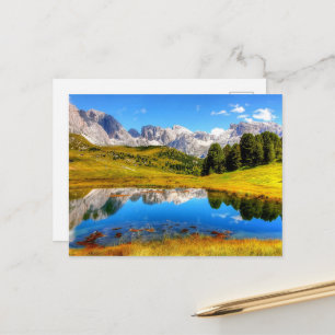 Green Landscape with Pond and Snowy Mountains Postcard