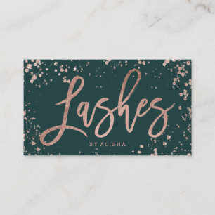 Green lashes script rose gold confetti splatters business card