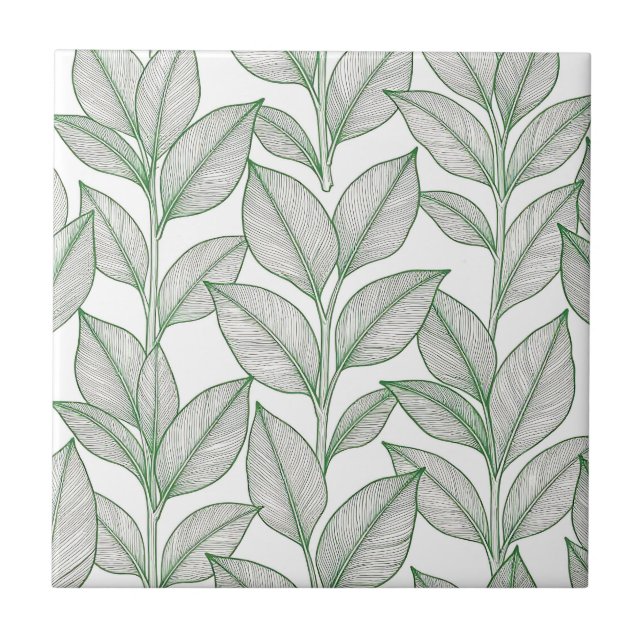 Green Laurel Leaf Botanical Pattern Ceramic Tile (Front)
