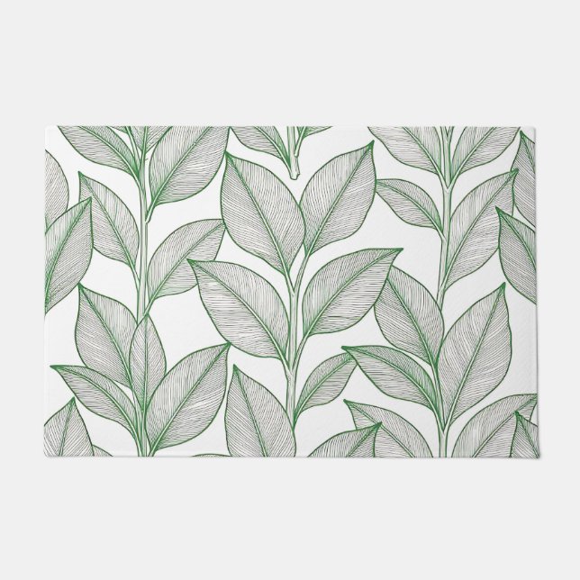 Green Laurel Leaf Botanical Pattern Doormat (Front)