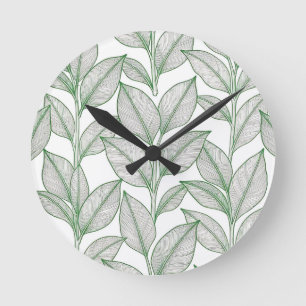Green Laurel Leaf Botanical Pattern Round Clock