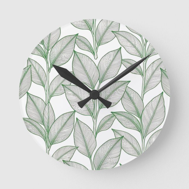 Green Laurel Leaf Botanical Pattern Round Clock (Front)