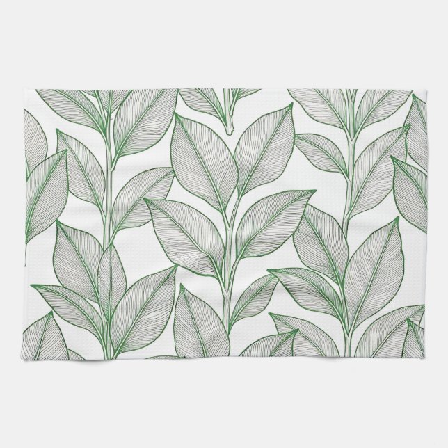 Green Laurel Leaf Botanical Pattern Tea Towel (Horizontal)