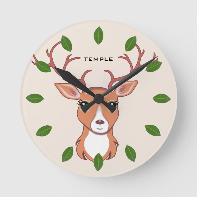 Green Laurel Leaves & Cute Reindeer Face Round Clock (Front)