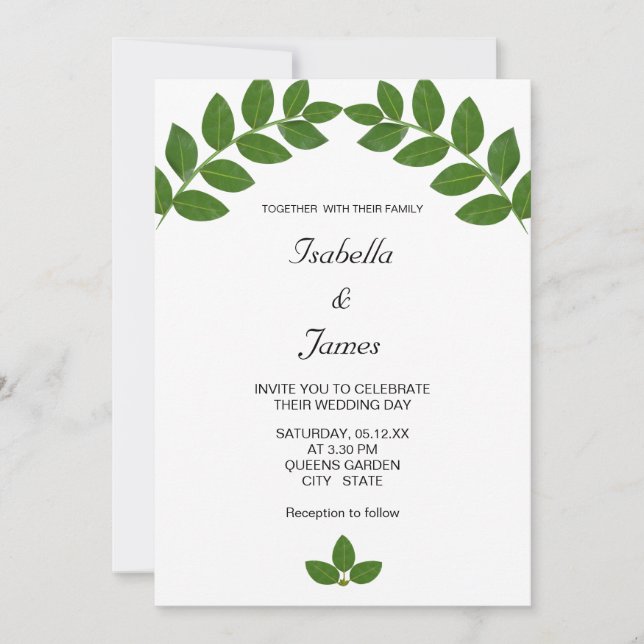 Green Laurel Leaves Wedding Invitation (Front)