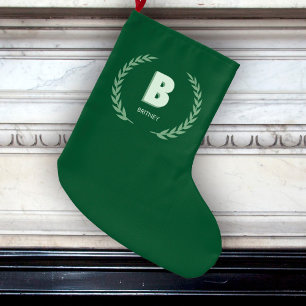 Green Laurel Wreath Letter B Monogram  Large Christmas Stocking
