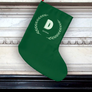 Green Laurel Wreath Letter D Monogram  Large Christmas Stocking