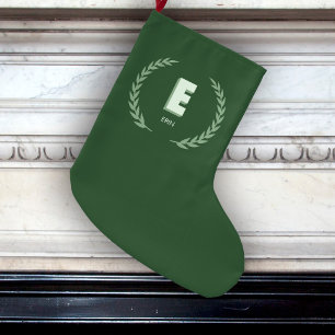 Green Laurel Wreath Letter E Monogram  Large Christmas Stocking