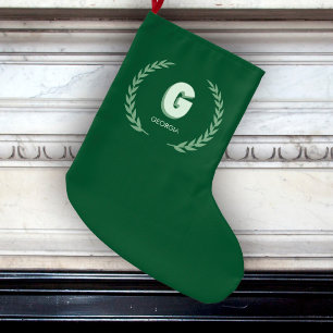 Green Laurel Wreath Letter G Monogram  Large Christmas Stocking