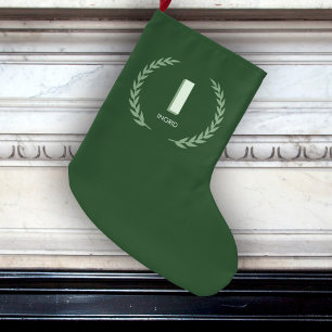 Green Laurel Wreath Letter I Monogram  Large Christmas Stocking