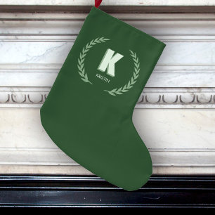 Green Laurel Wreath Letter K Monogram  Large Christmas Stocking