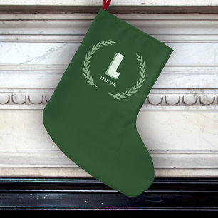 Green Laurel Wreath Letter L Monogram  Large Christmas Stocking