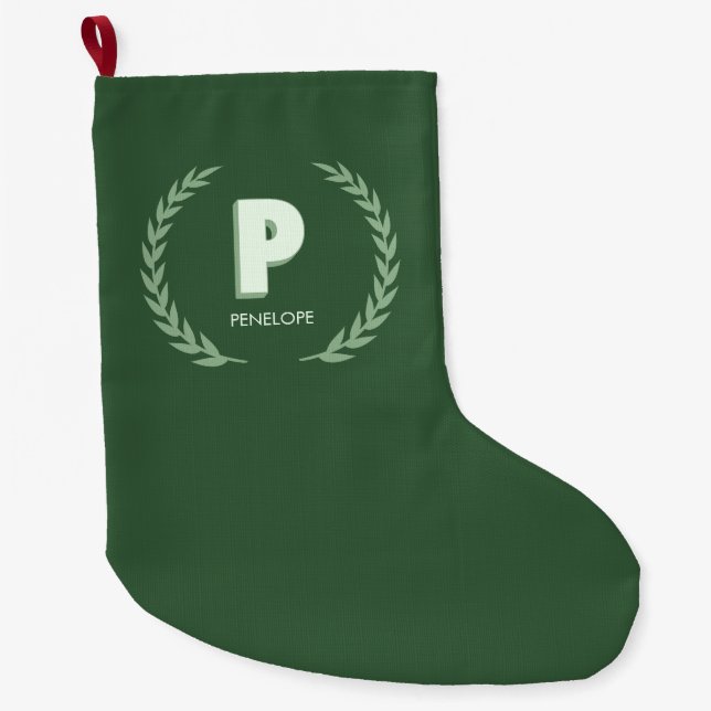Green Laurel Wreath Letter P Monogram  Large Christmas Stocking (Front)