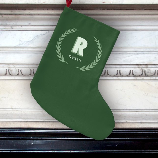 Green Laurel Wreath Letter R Monogram  Large Christmas Stocking (Creator Uploaded)