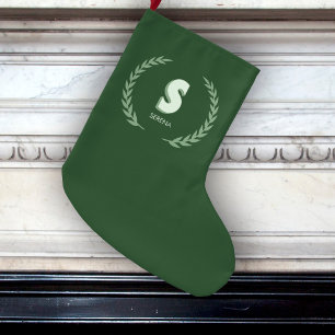 Green Laurel Wreath Letter S Monogram  Large Christmas Stocking